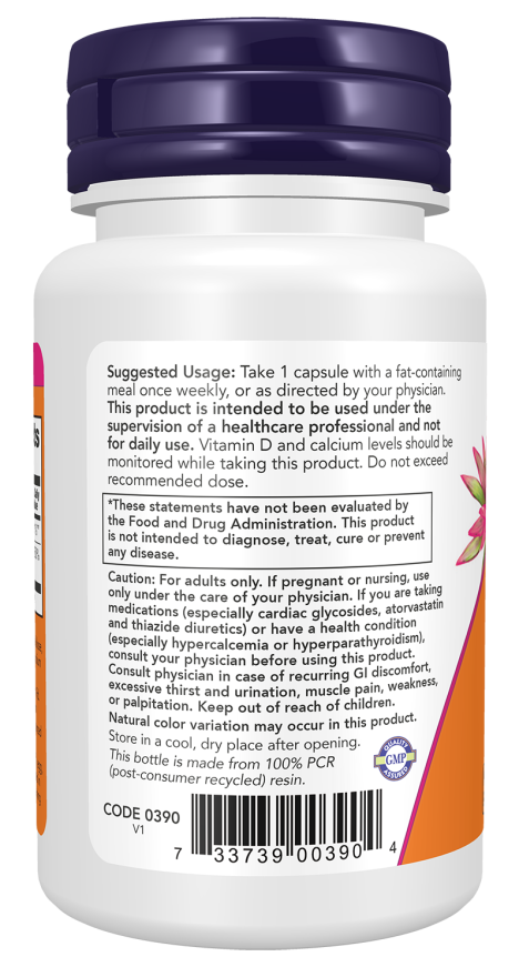 NOW Max Potency Vitamin D3 50,000 IU supplement bottle with 15 capsules