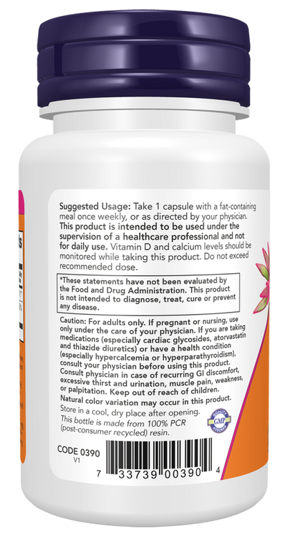 NOW Max Potency Vitamin D3 50,000 IU supplement bottle with 15 capsules