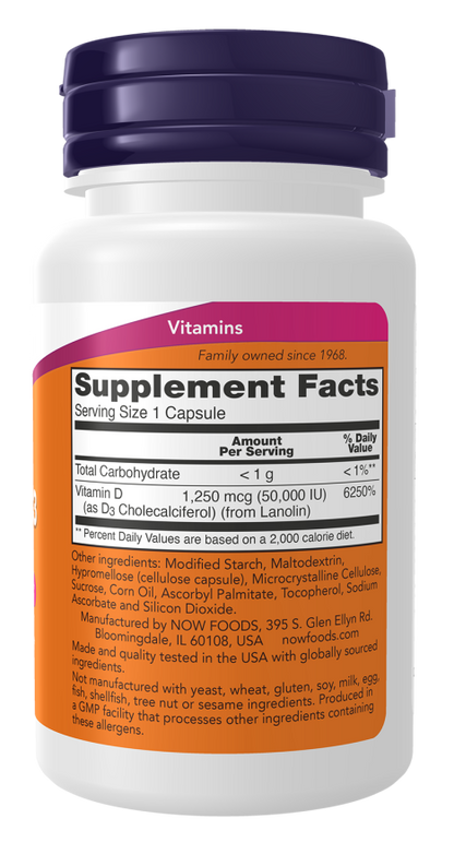 NOW Foods Vitamin D3 50,000 IU capsules for bone and immune health support