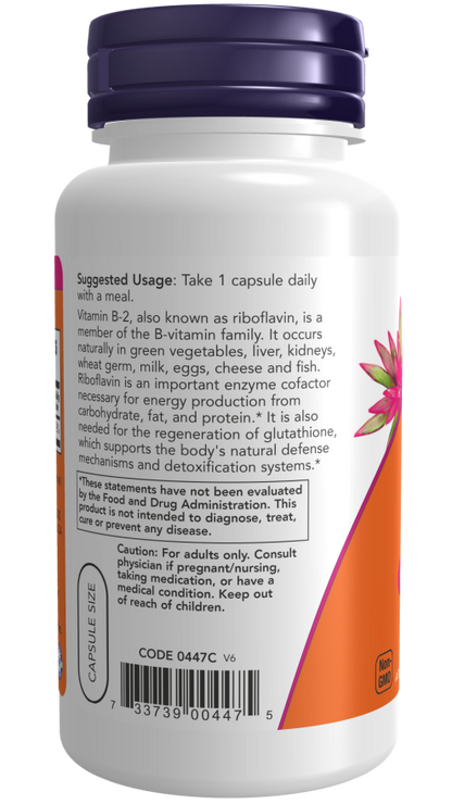NOW B-2 100 mg dietary supplement bottle with 100 veg capsules