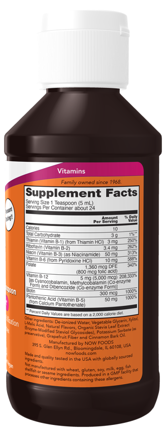 NOW Ultra B-12 liquid supplement bottle with 5,000 mcg per teaspoon