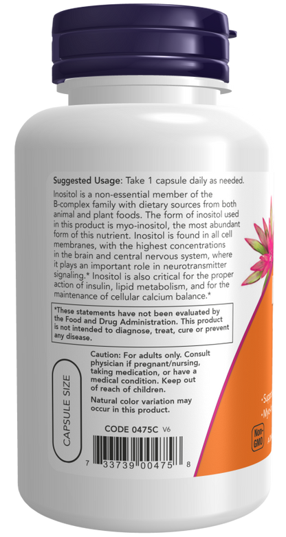 NOW Inositol Capsules 500 mg dietary supplement bottle with 100 veg capsules