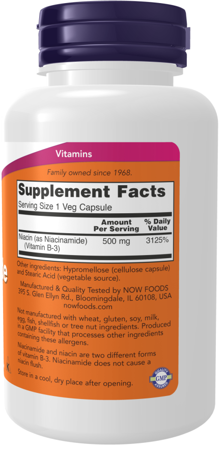 NOW Niacinamide 500 mg dietary supplement bottle with 100 veg capsules