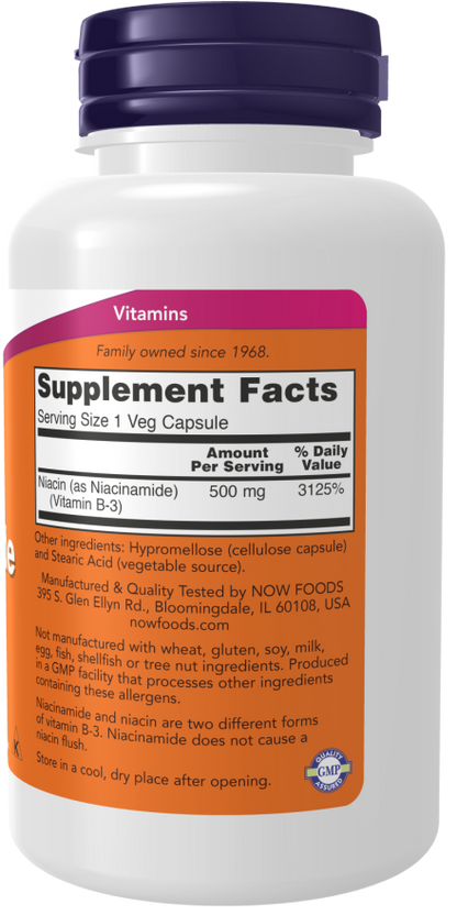 NOW Niacinamide 500 mg dietary supplement bottle with 100 veg capsules