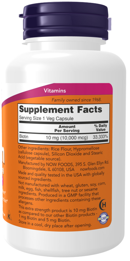 NOW Extra Strength Biotin dietary supplement for energy production support