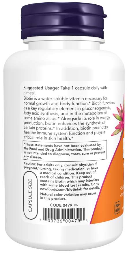 NOW Extra Strength Biotin 10 mg supplement bottle with 120 veg capsules