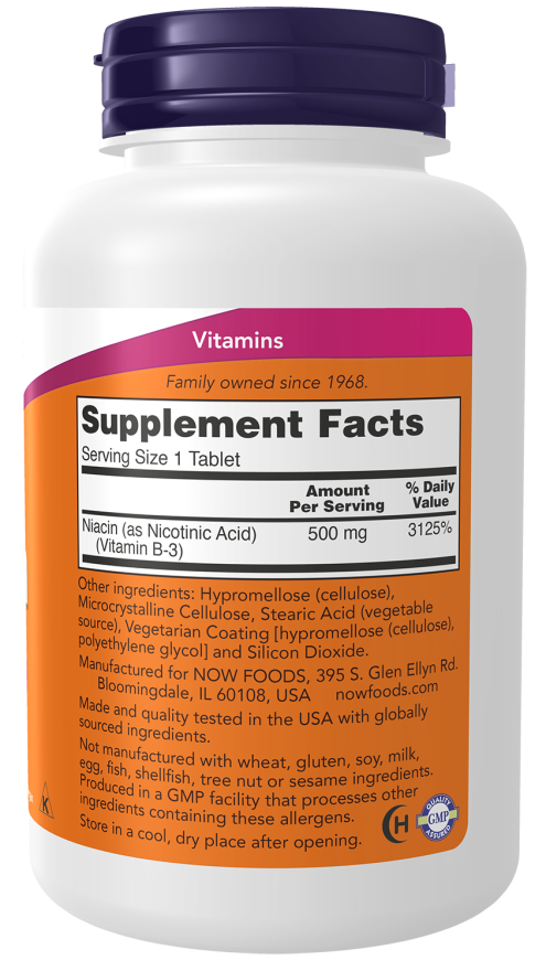 NOW Niacin 500 mg dietary supplement bottle with 250 tablets