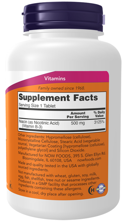 NOW Niacin 500 mg dietary supplement bottle with 250 tablets