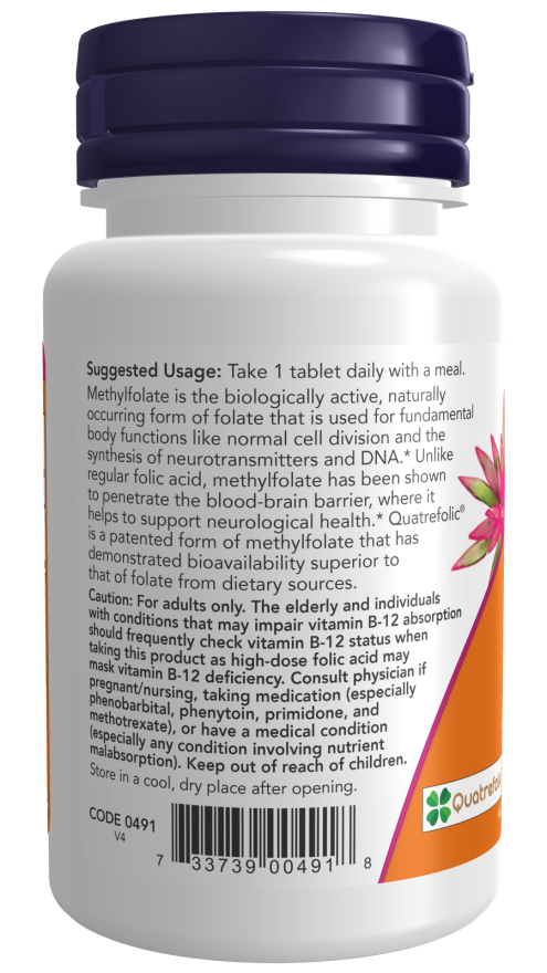 NOW Methyl Folate 1,000 mcg dietary supplement bottle with 90 tablets