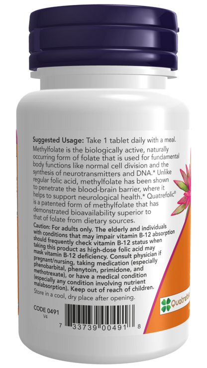 NOW Methyl Folate 1,000 mcg dietary supplement bottle with 90 tablets