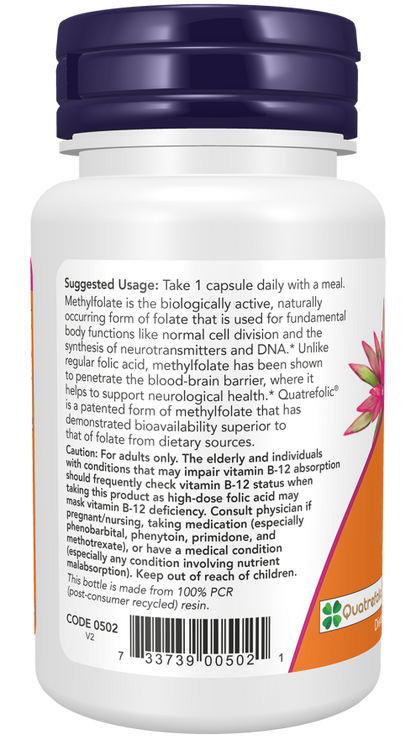 NOW Methyl Folate 5,000 mcg dietary supplement bottle with 50 veg capsules