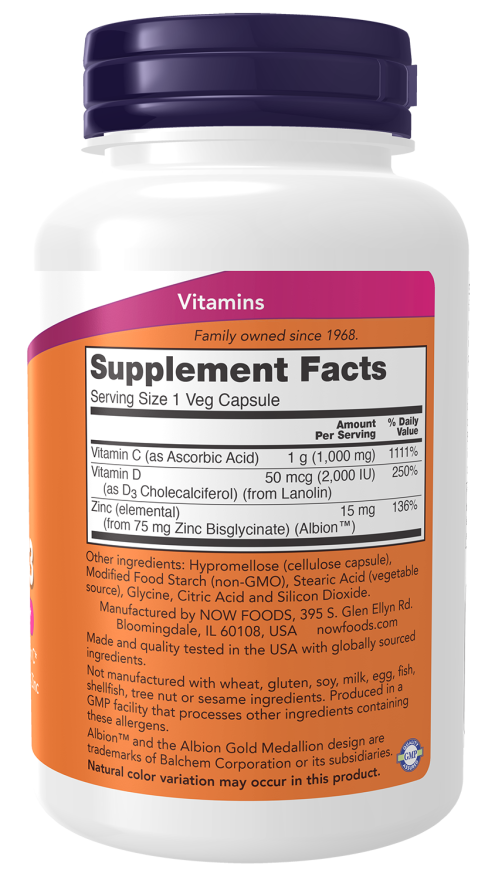 NOW C-1000 Zinc & D-3 Immune Support – 100 Veg Capsules