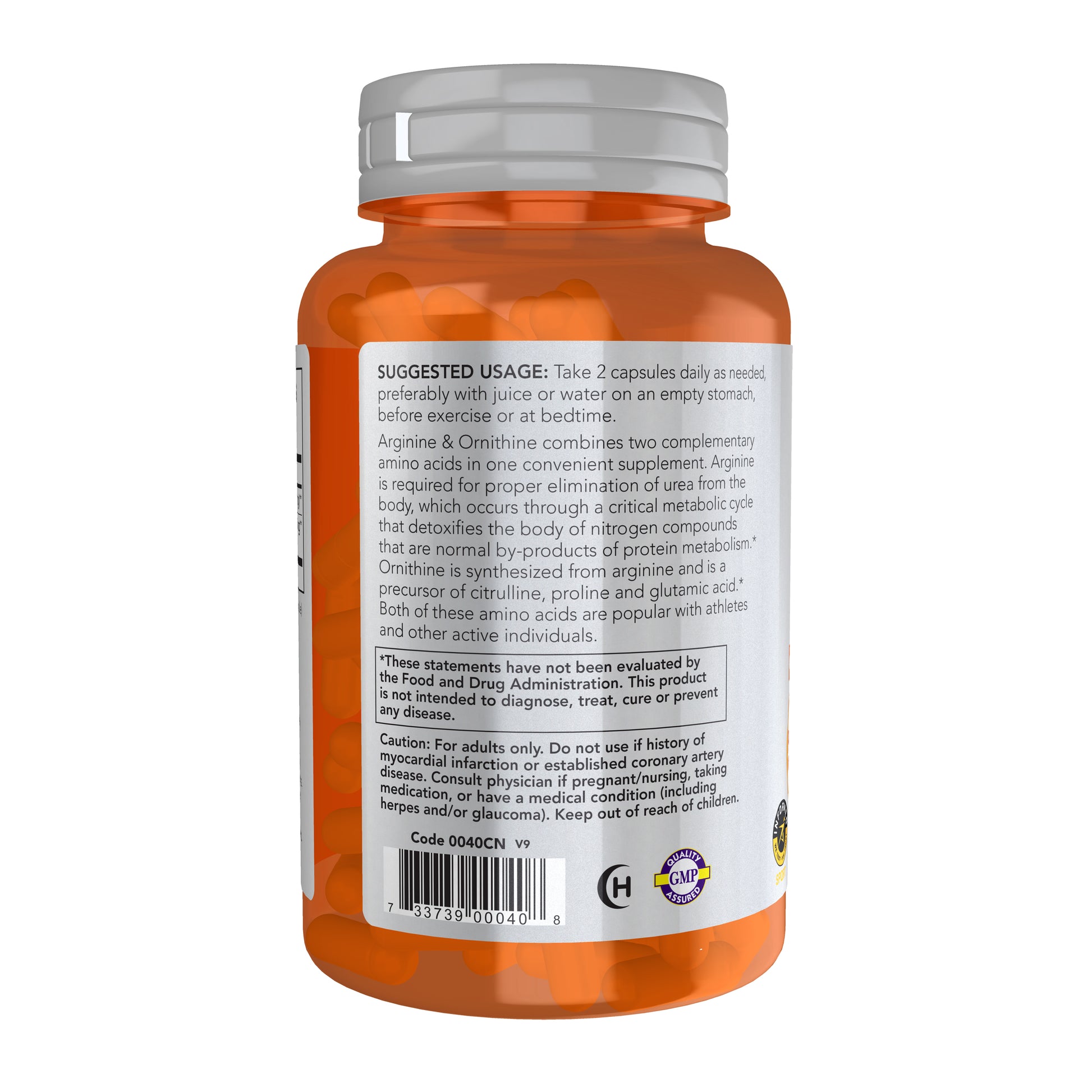 NOW Arginine & Ornithine dietary supplement in orange capsule bottle