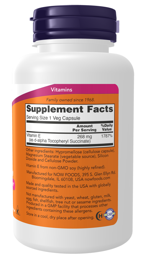 NOW Vegetarian Dry E-400 dietary supplement bottle with 100 veg capsules
