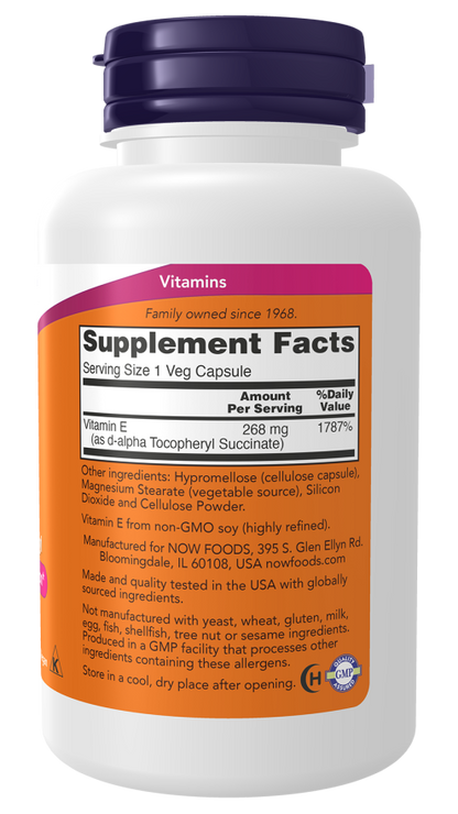NOW Vegetarian Dry E-400 dietary supplement bottle with 100 veg capsules