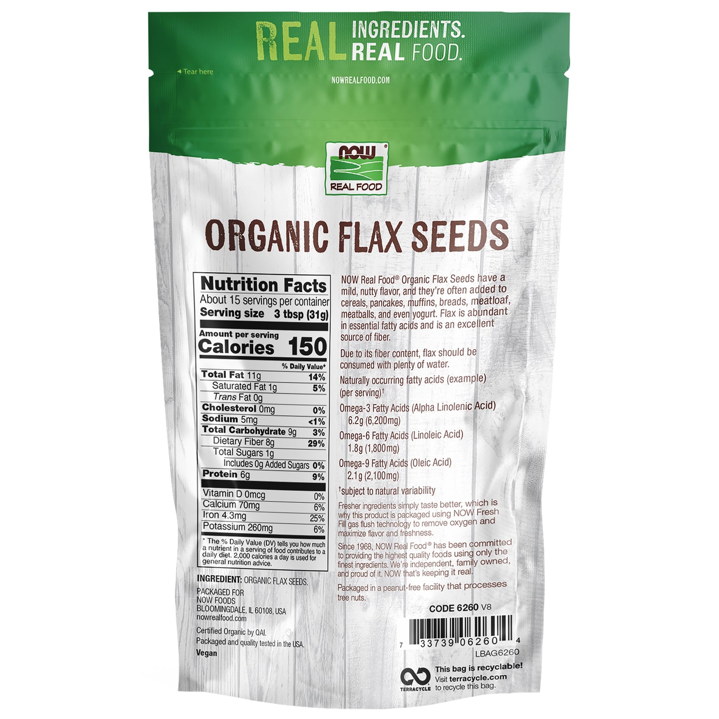NOW Real Food Organic Flax Seeds 16 oz bag with 8g fiber and omega-3 per serving