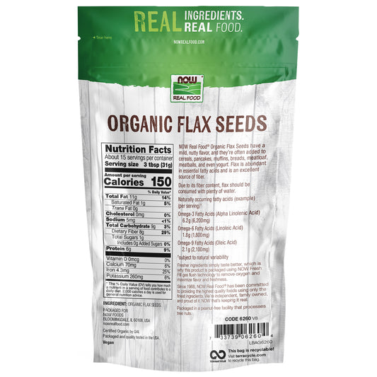 NOW Real Food Organic Flax Seeds 16 oz bag with 8g fiber and omega-3 per serving
