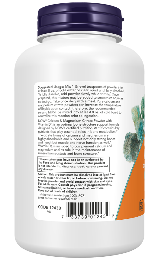 NOW Calcium & Magnesium Citrate Powder with Vitamin D3, 8 oz bottle