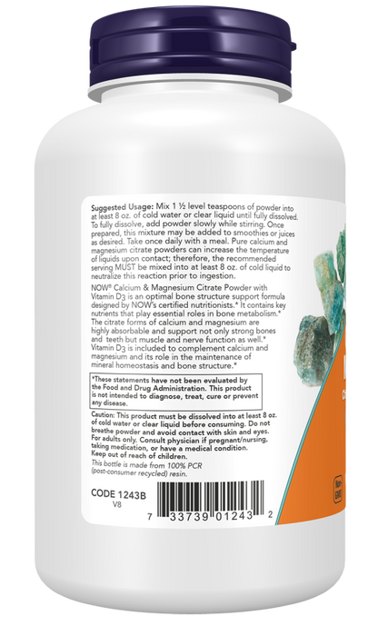 NOW Calcium & Magnesium Citrate Powder with Vitamin D3, 8 oz bottle