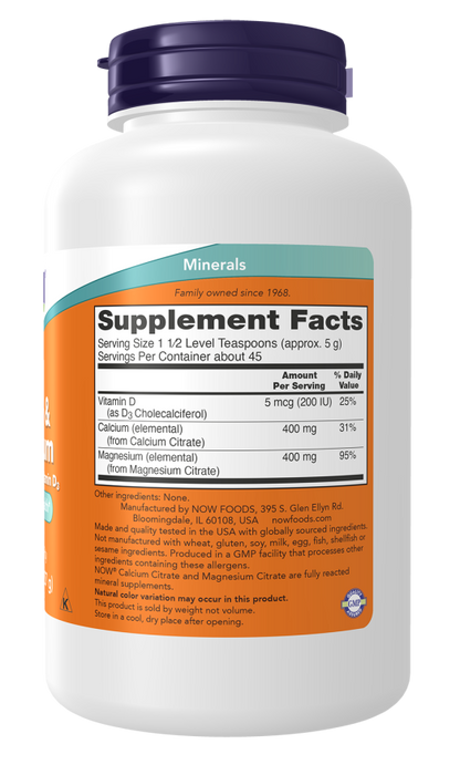 NOW Foods Calcium & Magnesium Citrate Powder for bone health support