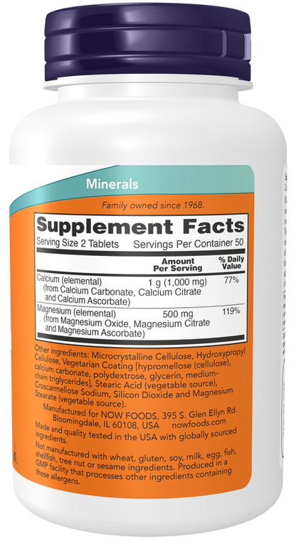 NOW Calcium & Magnesium dietary supplement bottle with 100 tablets
