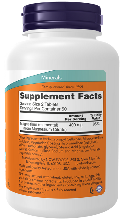NOW Foods Magnesium Citrate 200 mg tablets for nervous system support