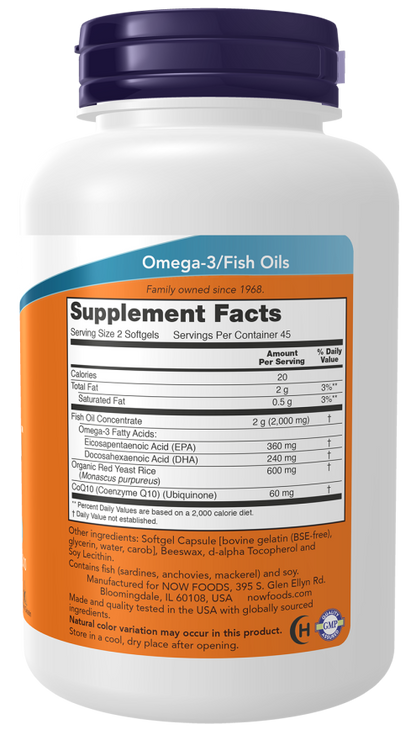 NOW Red Omega Fish Oil dietary supplement bottle with 90 softgels