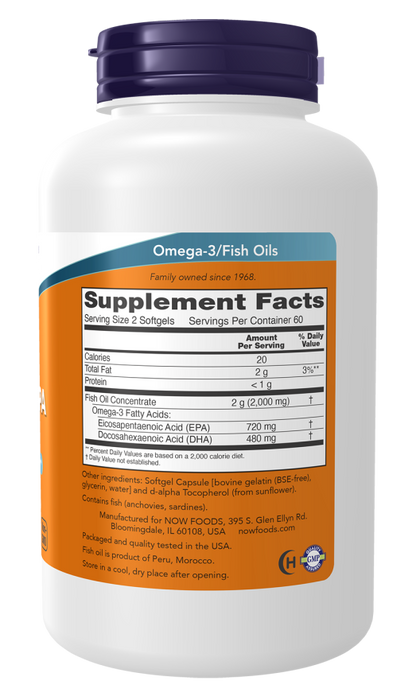 NOW Super Omega EPA Fish Oil dietary supplement bottle with 120 softgels
