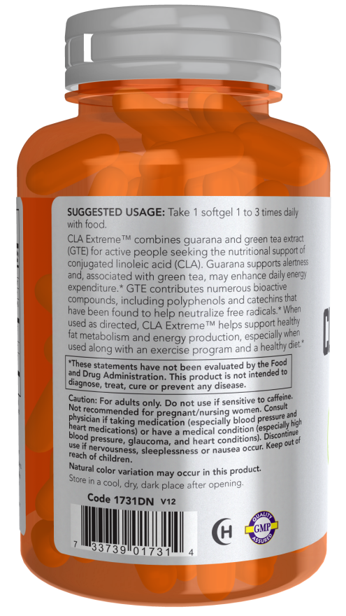 NOW Sports CLA Extreme weight management supplement bottle with 90 softgels