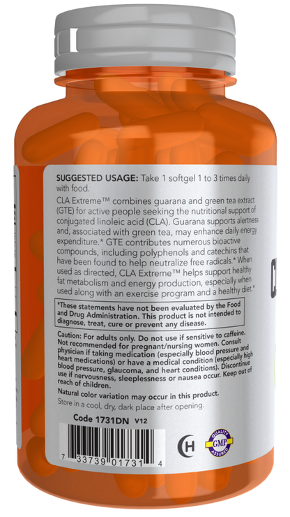 NOW Sports CLA Extreme weight management supplement bottle with 90 softgels