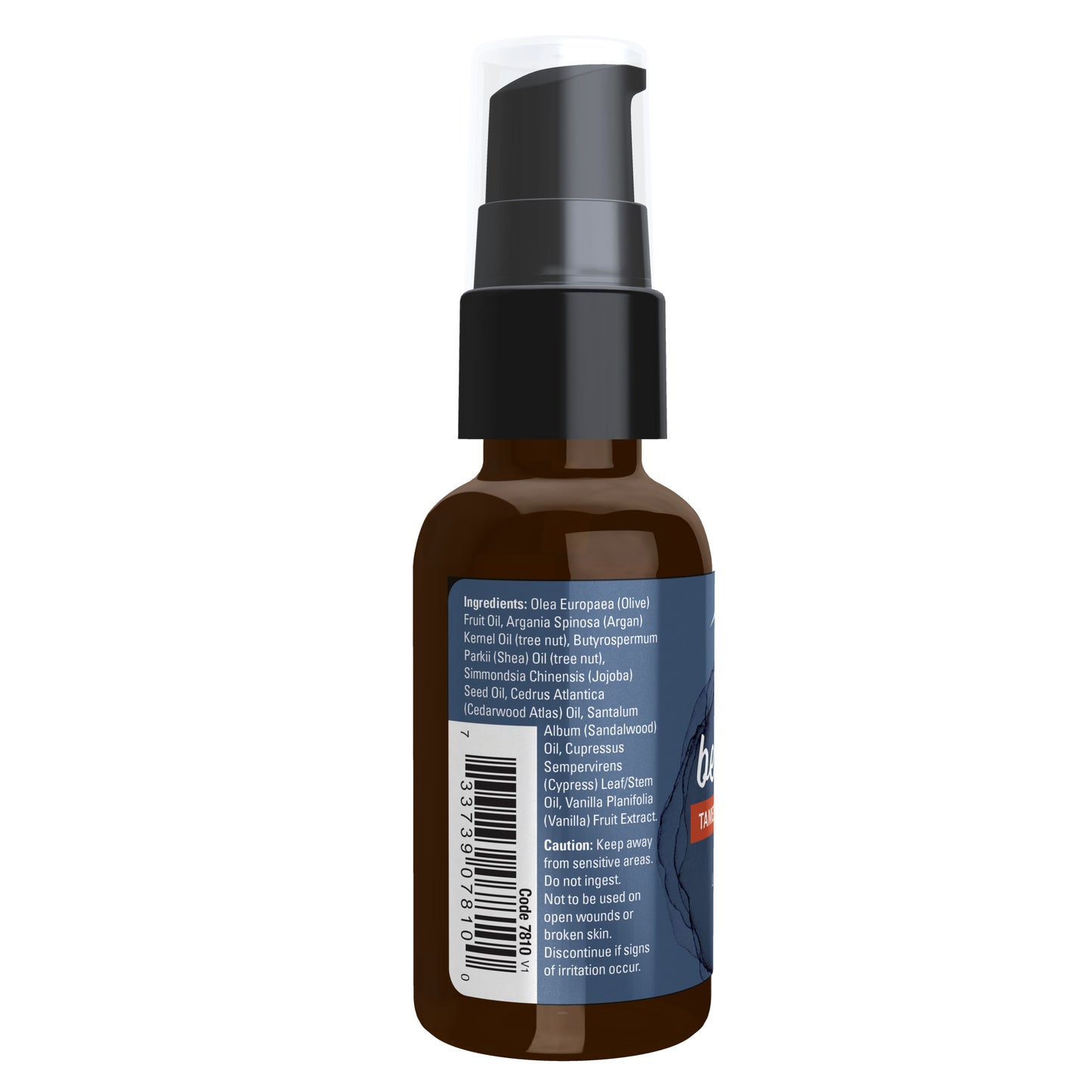 NOW Beard Oil bottle with blue label and black pump cap