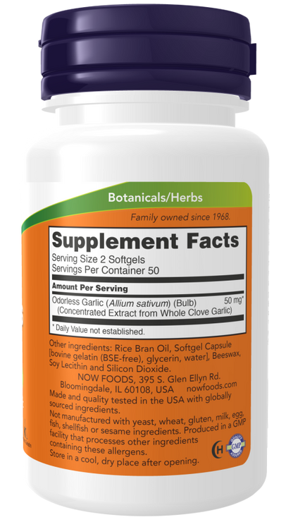 NOW Odorless Garlic concentrated extract supplement bottle with 100 softgels