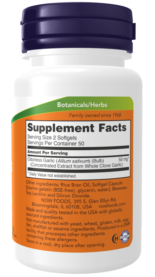 NOW Odorless Garlic concentrated extract supplement bottle with 100 softgels