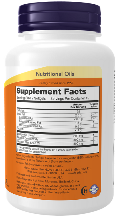 NOW Super Omega 3-6-9 Fish Oil dietary supplement bottle with 180 softgels
