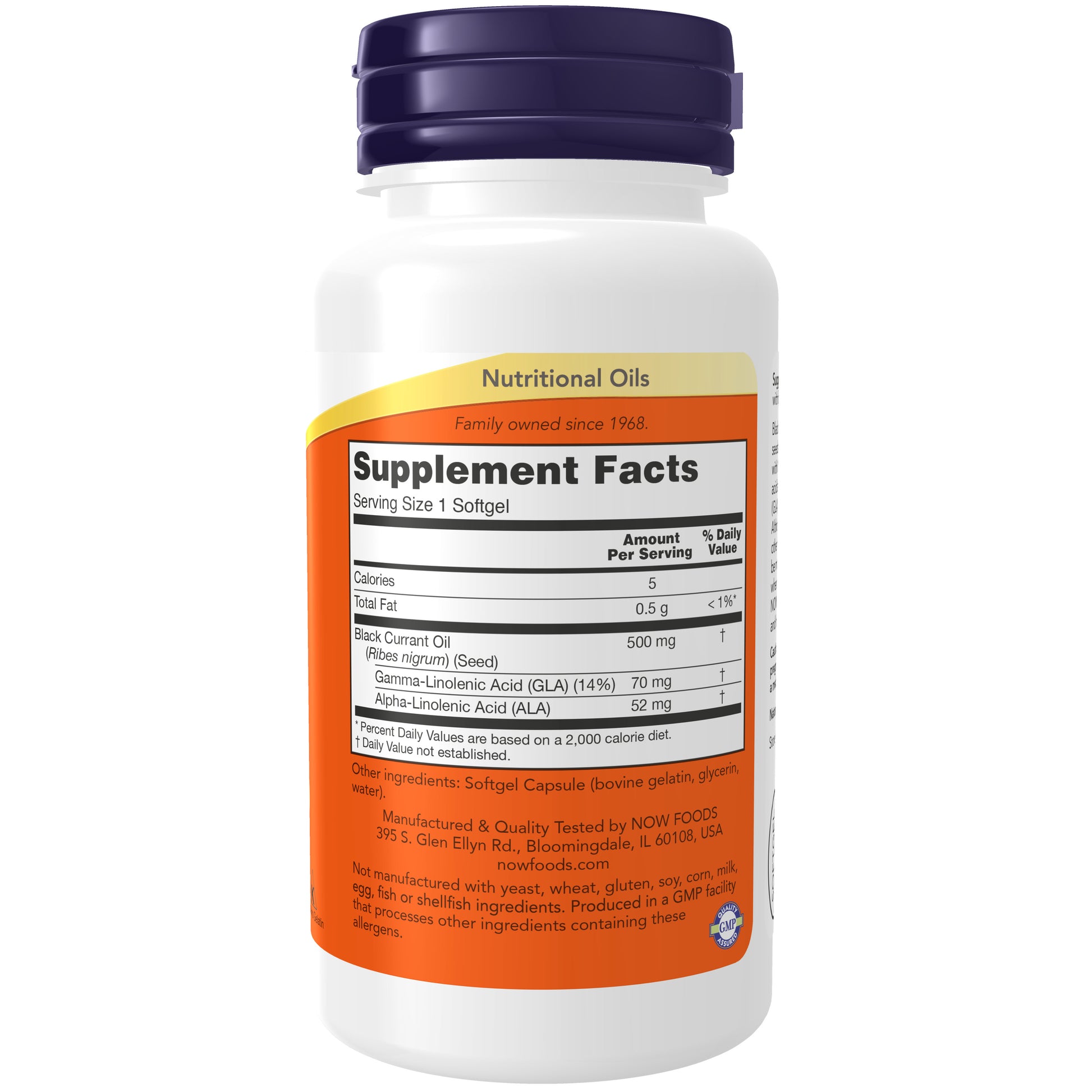 NOW Black Currant Oil 500 mg dietary supplement bottle with 100 softgels