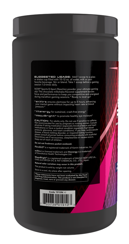 NOW Sports E-Sport Reaction Gaming Performance Powder, Chocolate Milkshake Flavor, Focus & Energy Support, 1 lb