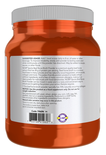 NOW Sports Beef Bone Broth Protein Powder with 28 g protein per serving