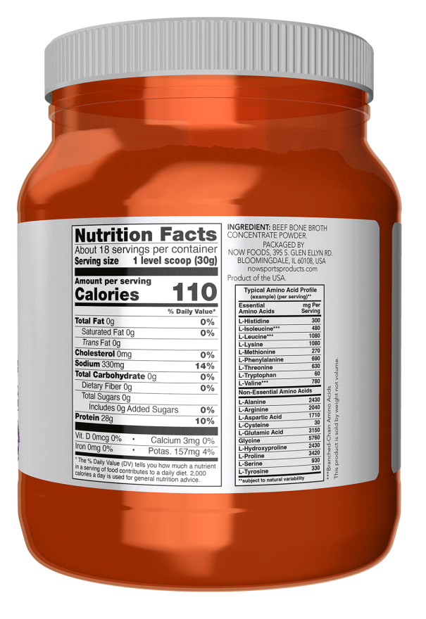 NOW Sports Beef Bone Broth Protein Powder supplement, 1.2 lb container