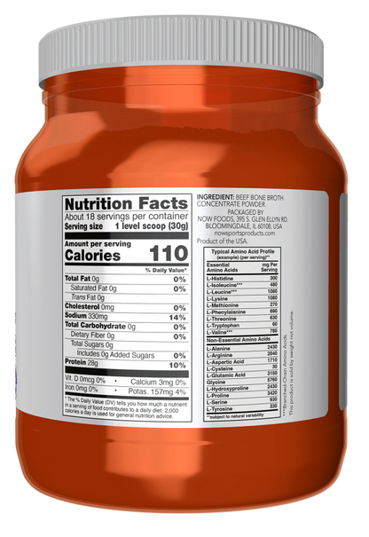 NOW Sports Beef Bone Broth Protein Powder supplement, 1.2 lb container