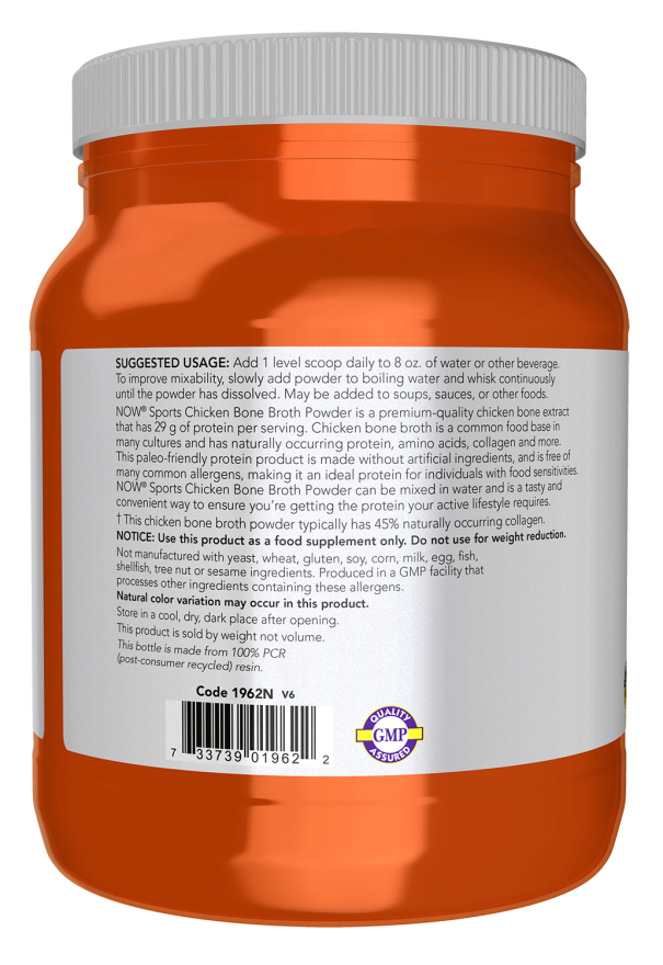 NOW Sports Chicken Bone Broth Protein Powder supplement, 1.2 lb container