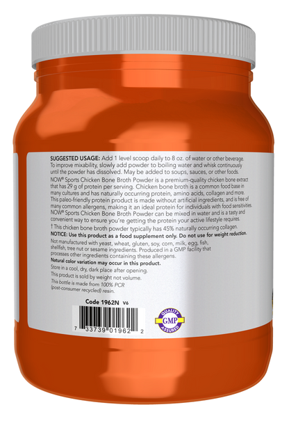 NOW Sports Chicken Bone Broth Protein Powder supplement, 1.2 lb container