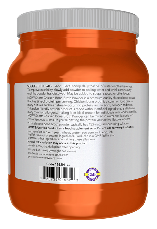 NOW Sports Chicken Bone Broth Protein Powder supplement, 1.2 lb container