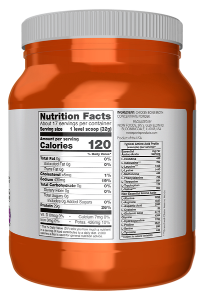 NOW Chicken Bone Broth Protein Powder dietary supplement in orange container