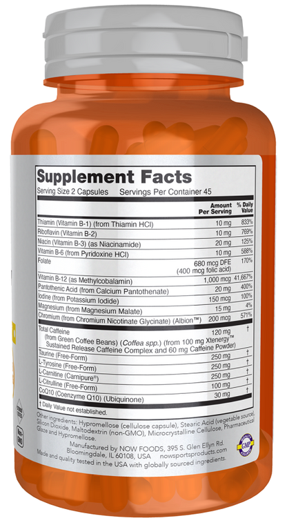 NOW Sports Sustained Energy supplement bottle with 90 capsules