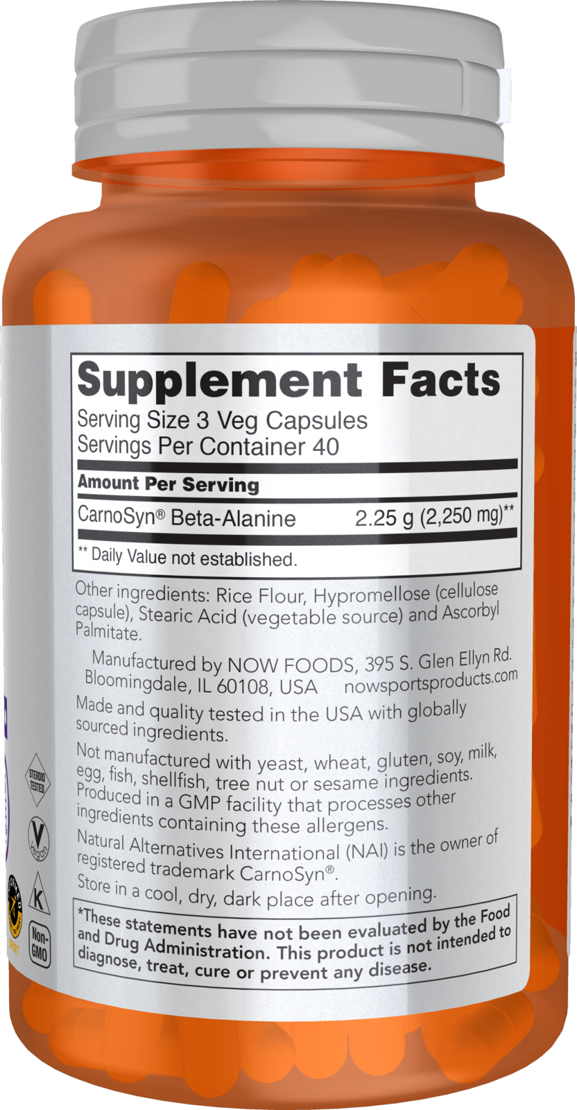 NOW Sports Beta Alanine 750 mg supplement bottle with 120 veg capsules