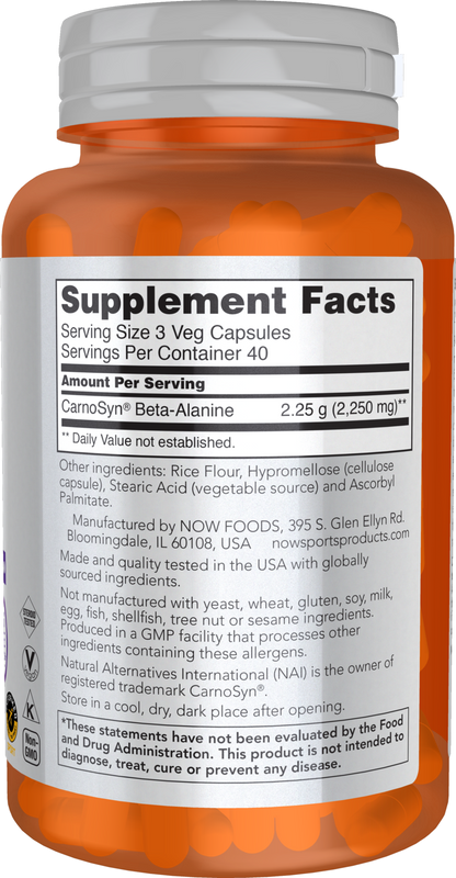 NOW Sports Beta Alanine 750 mg supplement bottle with 120 veg capsules
