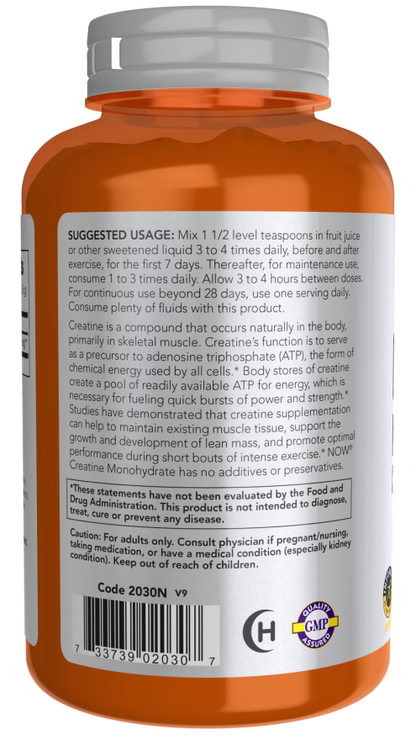 NOW Sports Creatine Monohydrate pure powder supplement, 8 oz container