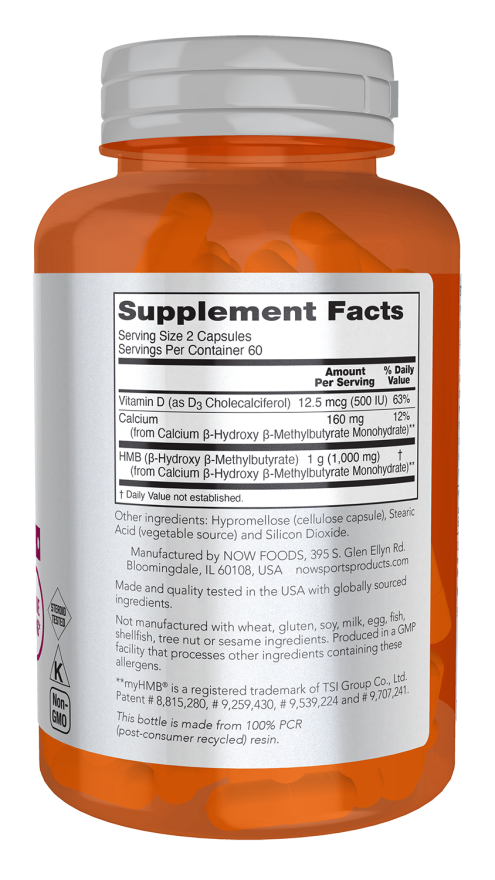 NOW Sports HMB 500 mg sports recovery supplement bottle with 120 capsules