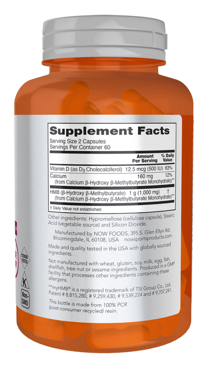 NOW Sports HMB 500 mg sports recovery supplement bottle with 120 capsules