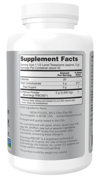 NOW D-Ribose Powder 5000 mg dietary supplement for ATP production support